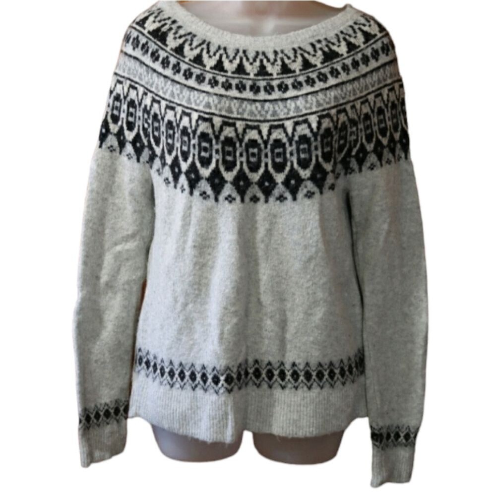 Artisan NY Nordic Print Gray Boatneck Sweater Medium
